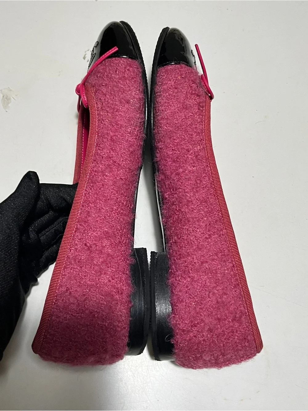 CHANEL Pink Bouclé Ballet Flats with Black Patent Cap Toe